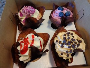 Cupcakes (w/ a slice cut out of each). Vanilla berry, vanilla blueberry, chocolate raspberry, chocolate peanut butter. Vegan and I think also gf. at Evexia in Aurora