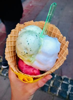 Vegan ice cream in a vegan waffle cone (Lemon, Basil and Strawberry). at Kolibri in Belgrade