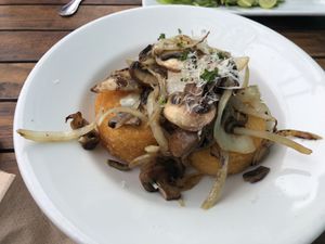 Mushroom and onion hash cakes at Beach'n SF in San Francisco