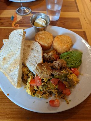 Tofu scramble with plant based fennel sausage  at Beach'n SF in San Francisco