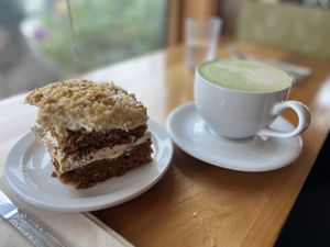 Carrot cake and special matcha tea latte 🍵   at Beach'n SF in San Francisco