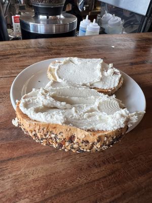 Cream cheese & toasted everything bagel  at Beach'n SF in San Francisco