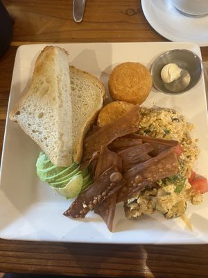 tofu scramble with bacon and toast  at Beach'n SF in San Francisco