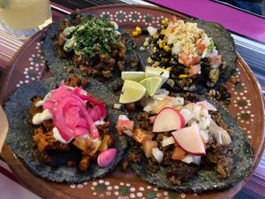 four kinds of taco (carne asada, al pastor, pollo, veggie) at Mis Tacones in Portland