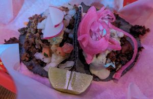 Asada taco (left) and Al Pastor taco (right) at Mis Tacones in Portland