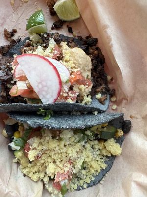Asada taco and Tres Hermanas taco  at Mis Tacones in Portland