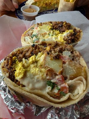 Inside of breakfast burrito at Mis Tacones in Portland