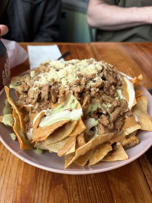 Nachos with soy curls, and minus a couple things per our preferences  at Mis Tacones in Portland