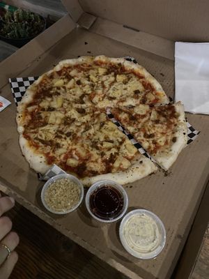 Bacon and pineapple gluten-free at Secret Vegan Pizza in Los Angeles