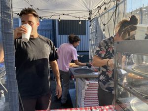 AJ and Crew  at Secret Vegan Pizza in Los Angeles