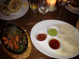 Vegan fajitas with guacamole, salsa and sweet chill sauce. at Queen's Head in Burley