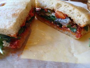 Focaccia sandwich with grilled vegetables and homemade pesto rosso at Focacceria in Amsterdam