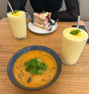 Samber soup and raspberry cake   at Dosa Dosa in Prague