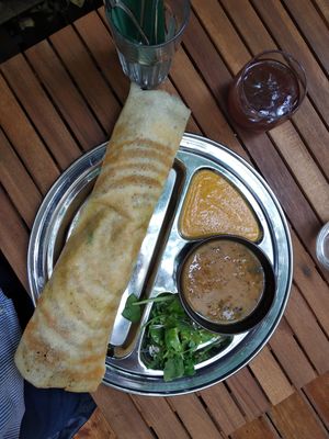 Dosa with potato filling, chutney, sambar, salat at Dosa Dosa in Prague