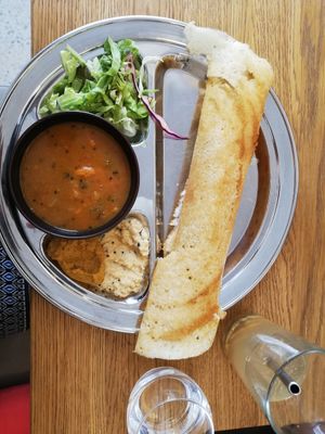 Potato dosa,  dahl and chutneys. at Dosa Dosa in Prague