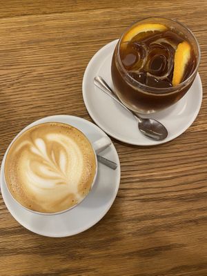 Coffee with oatmilk & Espresso tonic   at Dosa Dosa in Prague