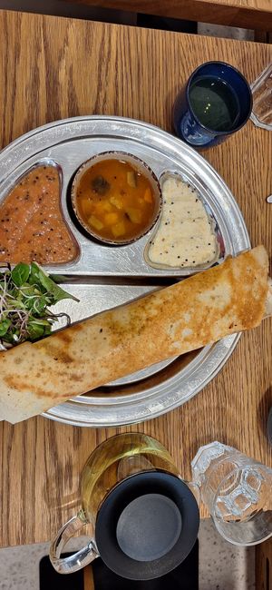 Breakfast dosa. Hiding in the dosa was a very generous portion of tofu scramble. at Dosa Dosa in Prague