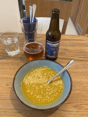Sweet potato soup and a kombucha  at Dosa Dosa in Prague