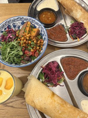 Mushroom dosa, potato dosa, hummus bowl and mango lassi  at Dosa Dosa in Prague