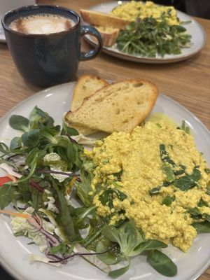 Scrambled tofu breakfast with chai latte   at Dosa Dosa in Prague
