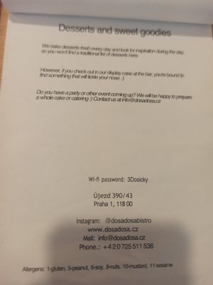 Menu as of 21/07/2025 at Dosa Dosa in Prague