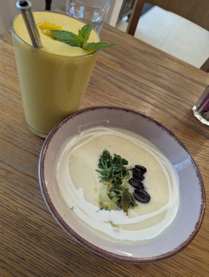 French cream soup with mango lassi at Dosa Dosa in Prague
