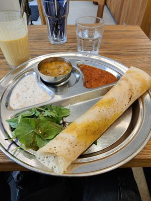 Keema dosa and mango lassi at Dosa Dosa in Prague