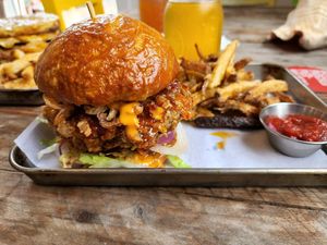 Fire cracker chicken sando with sesame oil slaw. at Eris Food Co in Oceanside