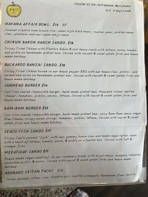 Menu  at Eris Food Co in Oceanside