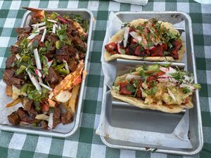 Galactic Monster Fries and Adobado Seitan Tacos  at Eris Food Co in Oceanside