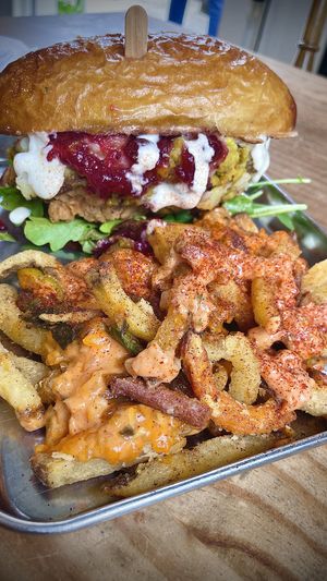 Holiday chick’en sandwich and monster style fries 🍟   at Eris Food Co in Oceanside