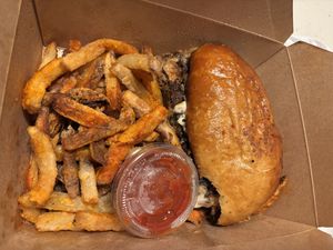 Philly Cheezestake Sando served with fries (& homemade catchup)   at Eris Food Co in Oceanside