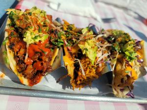 Triple taco sampler Adobado, sweet potato, and fysh at Eris Food Co in Oceanside