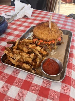 Bam bam burger with fries  at Eris Food Co in Oceanside