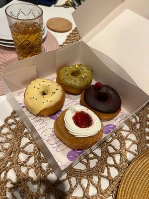 Passion fruit (yellow one), strawberries&cream, pistachio (green) and chocolate& raspberry at Bun and Coffee in Malaga