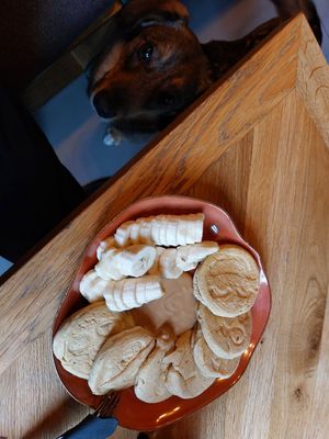 Vegan pancakes with peanut butter and bananas. at Fit Cake in Sopot