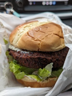 Vegan Crab cake sandwich with NuVegan sauce lettuce tomato and a Very soft bun at NuVegan in Baltimore