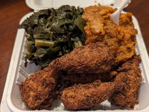 Vegan lemon pepper Drummies, sweet potatoes and collard greens at NuVegan in Baltimore
