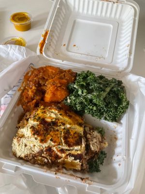 Lasagna, garlic kale, yams at NuVegan in Baltimore