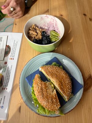 Bagel with todu and a fruit bowl.  at Green Planet the Foodcourt in Gran Canaria