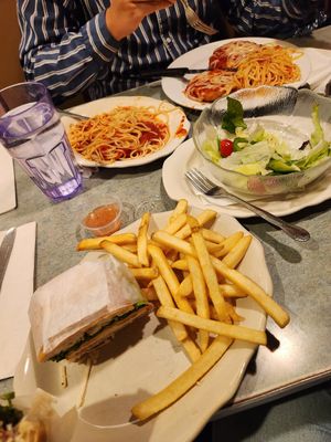 chickn parm spaghetti/ bread combo and chickn sandwich fries/salad combo at Court Square Diner in Queens