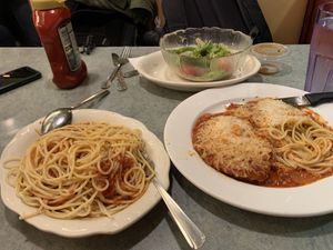 pasta, salad and chicken parm  at Court Square Diner in Queens