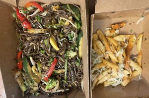 Soba noodles and truffle fries  at Vegan Tierra in Cooper City
