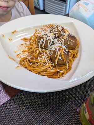 Kids spaghetti with meatballs at Vegan Tierra in Cooper City