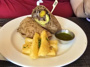 Cuban wrap with yucca fries and chimichurri sauce at Vegan Tierra in Cooper City