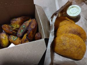 Plantain and beyond corn empeñadas with a chimichurri dip at Vegan Tierra in Cooper City