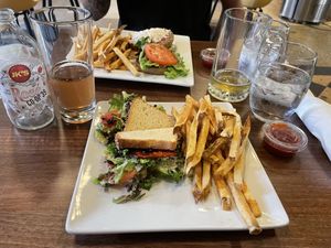 Blt and eggplant burger with fries  at Good Life Cafe in Columbia