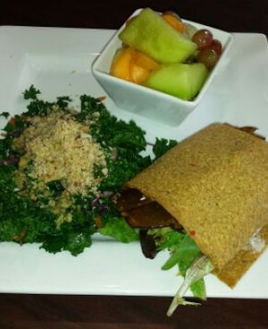 Eggplant bacon wrap with kale salad at Good Life Cafe in Columbia