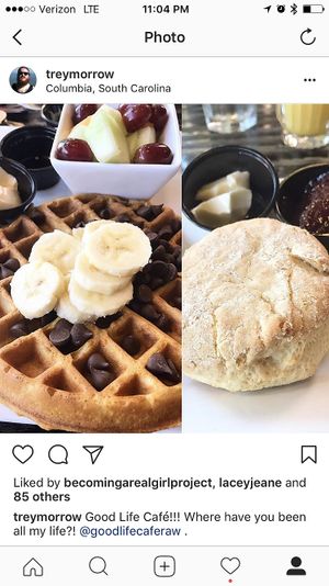 Chocolate chip waffle and biscuit at Good Life Cafe in Columbia