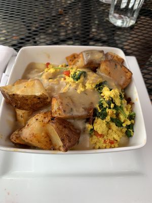 Breakfast Bowl - Tofu Scramble, Potatoes, Gravy, Grits, and Biscuits  at Good Life Cafe in Columbia